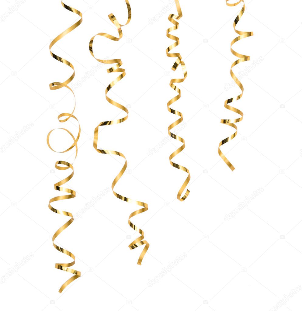 Golden serpentine streamer decoration isolated on white background