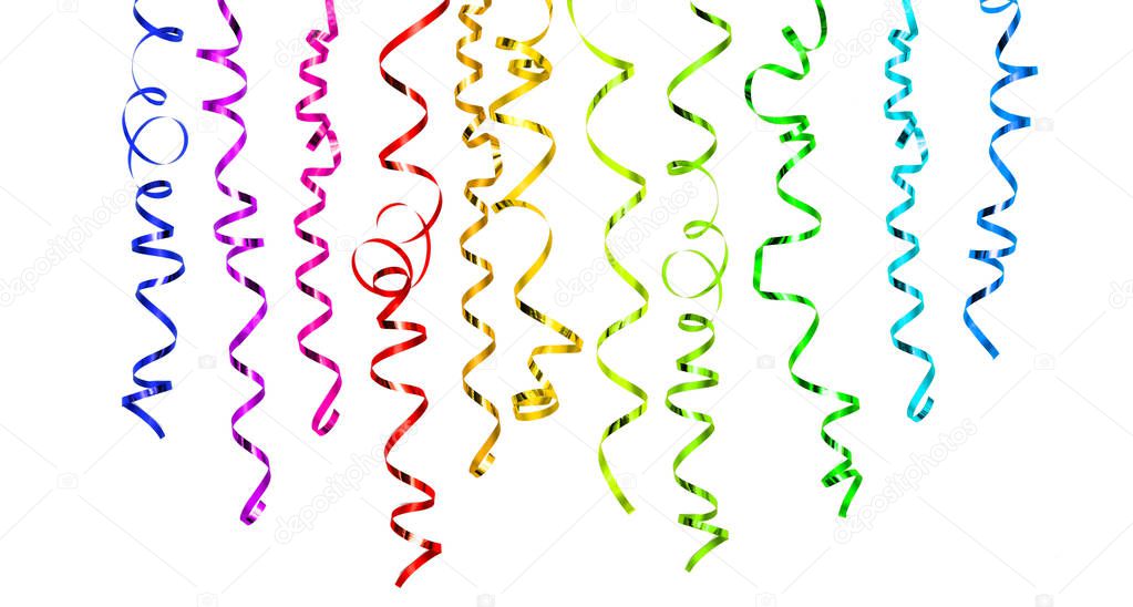 Colorful serpentine streamer party decoration on white background