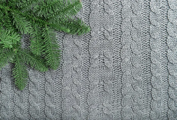 Grey Knit Background Pine Tree Branches Knitted Wool Texture — Stock Photo, Image