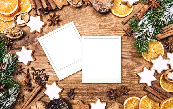 Christmas food background. Vintage style picture with handmade photo frames for your images