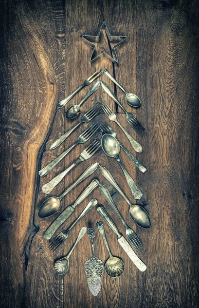 Decoración Del Árbol Navidad Cubiertos Sobre Fondo Madera Estilo Vintage —  Fotos de Stock