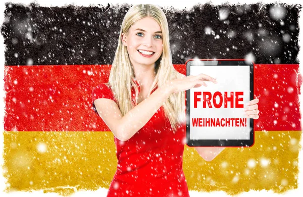 Young Woman German National Flag Background Holding Tablet Sample Text — Stock Photo, Image