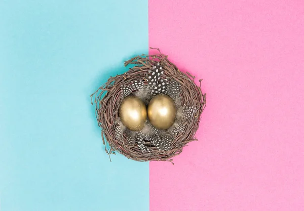 Oeufs Pâques Dorés Dans Les Oiseaux Nid Pose Plate Rose — Photo