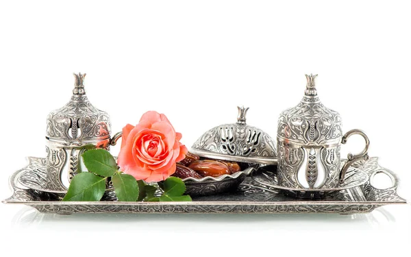 Накрытие чайного стола даты розы цветок украшения — стоковое фото