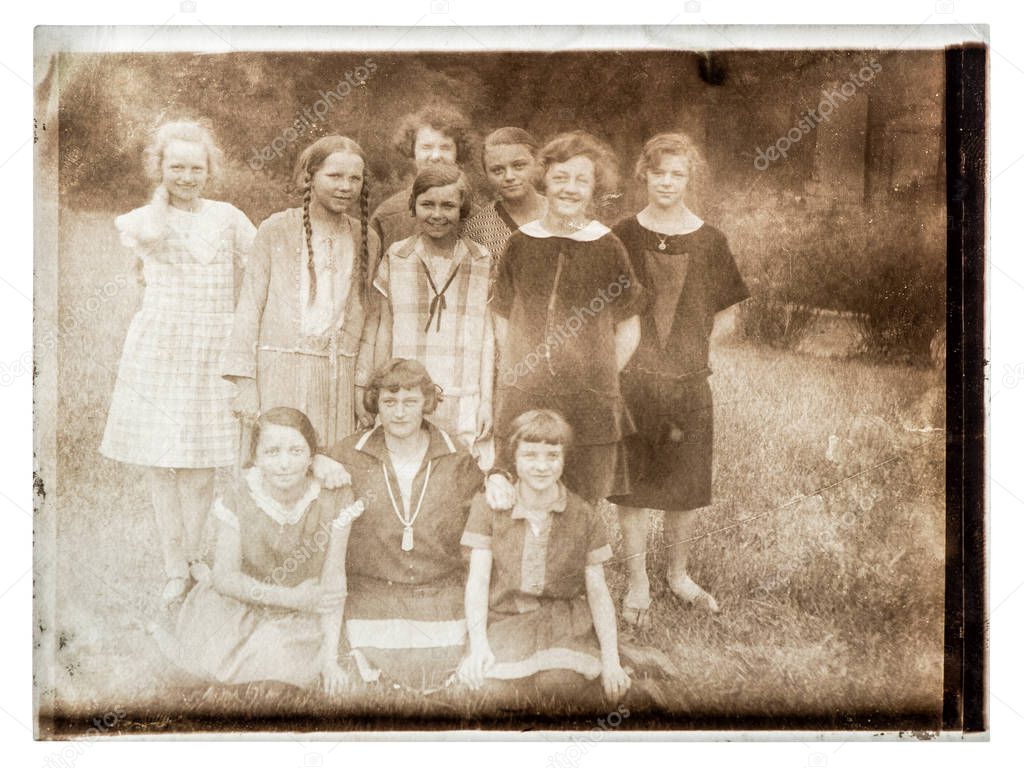 Vintage portrait teenager girls Group young people