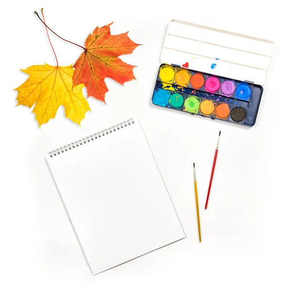 Flat lay sketchbook autumn leaves watercolor brushes paper — Stock Photo, Image
