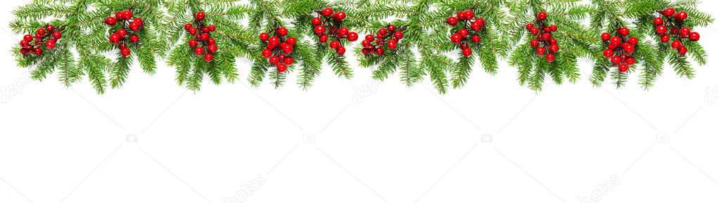 Christmas tree branches red berries Holidays decoration banner
