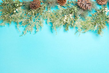 Her zaman yeşil olan ağaç konilerinden Noel dekoltesi çerçevesi