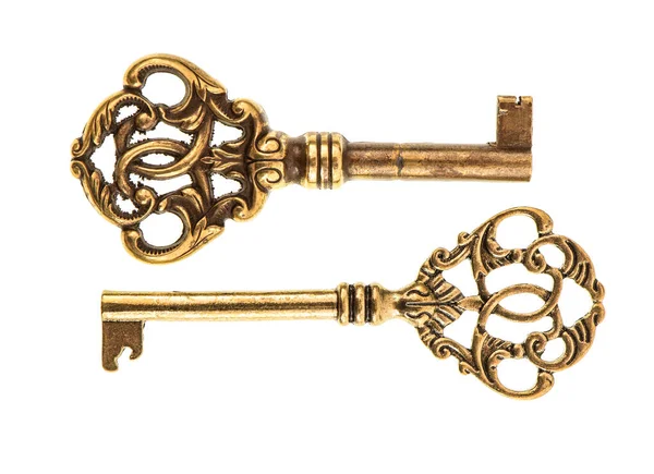 Beyaz Arka Planda Izole Edilmiş Altın Antika Anahtarlar Eski Aksesuarlar — Stok fotoğraf