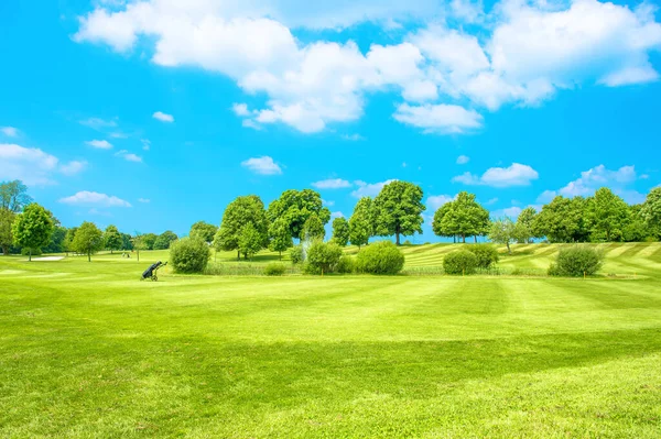 Zielone Pole Świeżą Trawą Drzewami Zachmurzonym Błękitnym Niebem Pole Golfowe — Zdjęcie stockowe