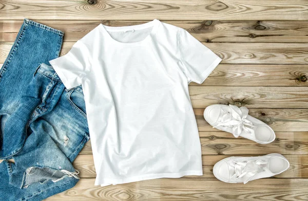 Fashion mock up flat lay for website, social media. Casual clothes jeans, shirt, shoes