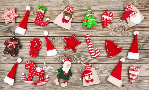 Handmade Textile Toys Christmas Decoration Wooden Background — Stock Photo, Image