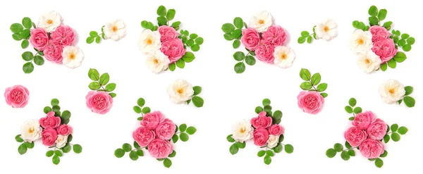 Flores Rosas Rosadas Con Decoración Hojas Verdes Banner Plano Floral — Foto de Stock