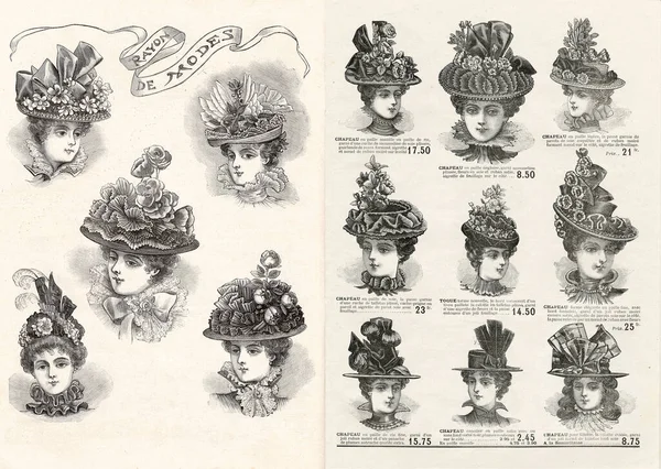 Hats Elegant Woman Vintage Fashion Magazine Engraving France Paris 1897 — Stock Photo, Image