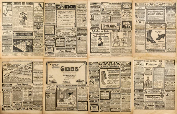 Antigua Página Periódico Con Publicidad Grabado Letras Vintage Fondo Papel —  Fotos de Stock