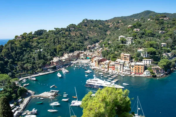 Portofino Földközi Tenger Olaszország Panorámás Kilátás Híres Kikötőre — Stock Fotó