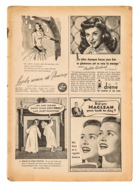 İngilizce metin ve klasik reklam resimli gazete sayfası. 1947 'den kalma eski İngiliz dergisi.