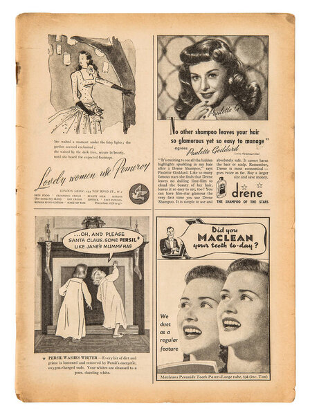 Newspaper page with english text and vintage advertising pictures. Old british magazine from 1947