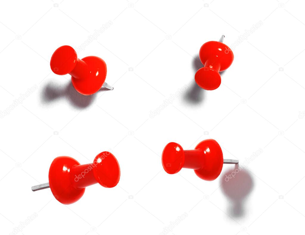 Red pushpins with shadow. Push pins on white background
