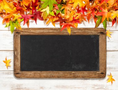 Parlak ahşap zemin üzerinde sonbahar yaprakları ve karatahta