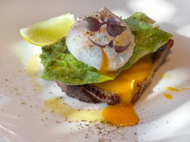 Avokado ve ekmek ekmekli omlet. Kahvaltı aperatifi