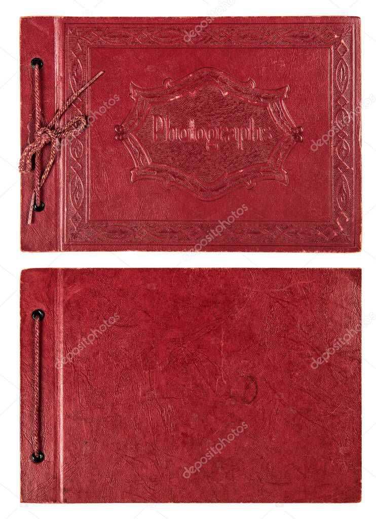 Retro leather photo album cover. Old photographs book on white background