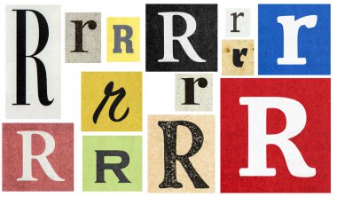 Kağıt kesimi R harfi gazete kesimleri koleksiyon kitabı ve el işi için.