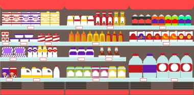 Süper Market, bakkal ürünleri ve içecekler ile raflar.