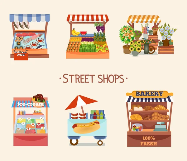 Conjunto de lojas de rua de design plano vetorial . —  Vetores de Stock