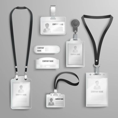 set of realistic clear plastic badges id cards holders clipart