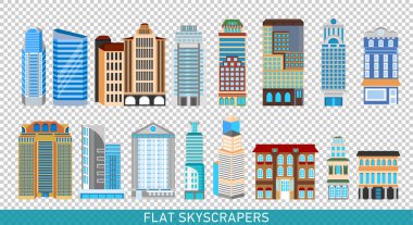 Modern gökdelenler içinde düz stil ayarlayın. Şehir tasarım öğeleri.