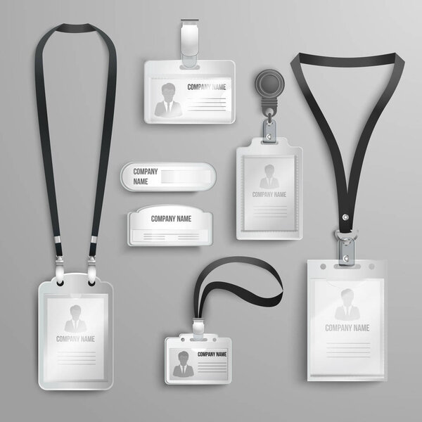 set of realistic clear plastic badges id cards holders
