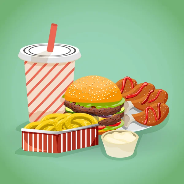 漫画のスタイルでハンバーガーのファーストフードのコンセプト チップ コーラと鶏肉すね. — ストックベクタ