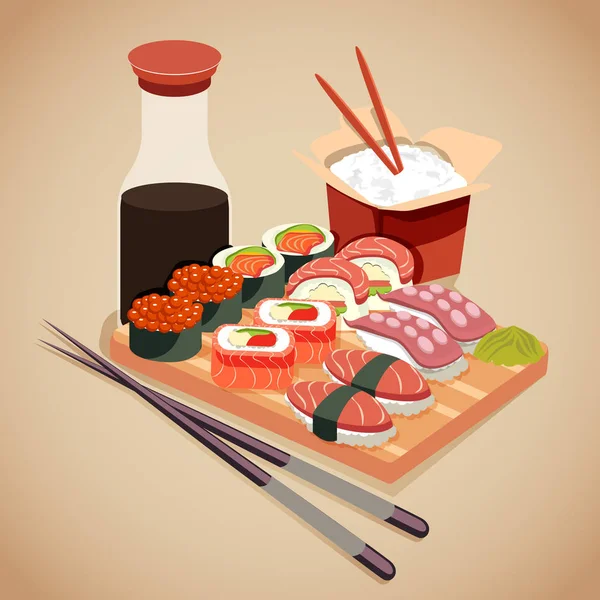 Concepto de mariscos en estilo de dibujos animados con rollo de sushi, cola, wasabi y arroz — Vector de stock