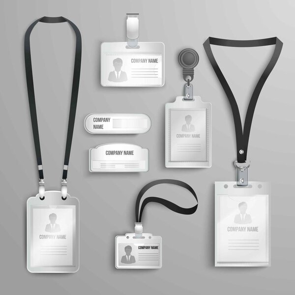 set of realistic clear plastic badges id cards holders