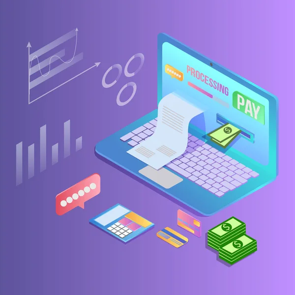 Isometric online payments, laptop with a paper bill