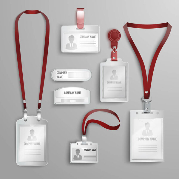 set of realistic clear plastic badges id cards holders