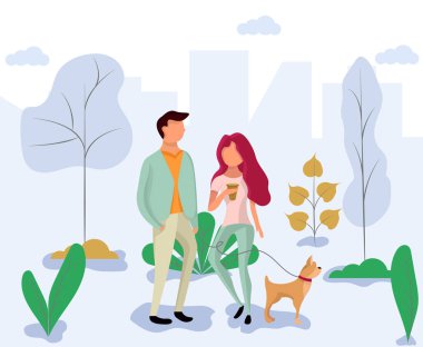 Date in the park. A couple walks with a dog away from the city center. vector Date in the park. A couple walks with a dog away from the city center. vector