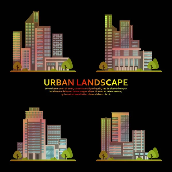 Reihe von städtischen Gebäuden in einem Vektor. moderne Wolkenkratzer, Geschäftszentren — Stockvektor