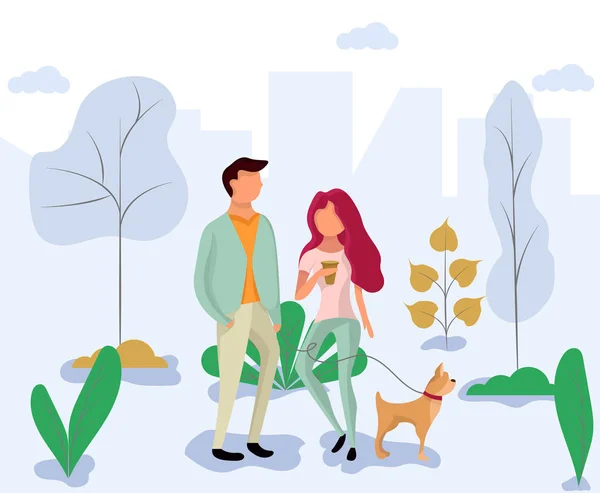 Encontro no parque. Um casal caminha com um cachorro longe do centro da cidade . —  Vetores de Stock