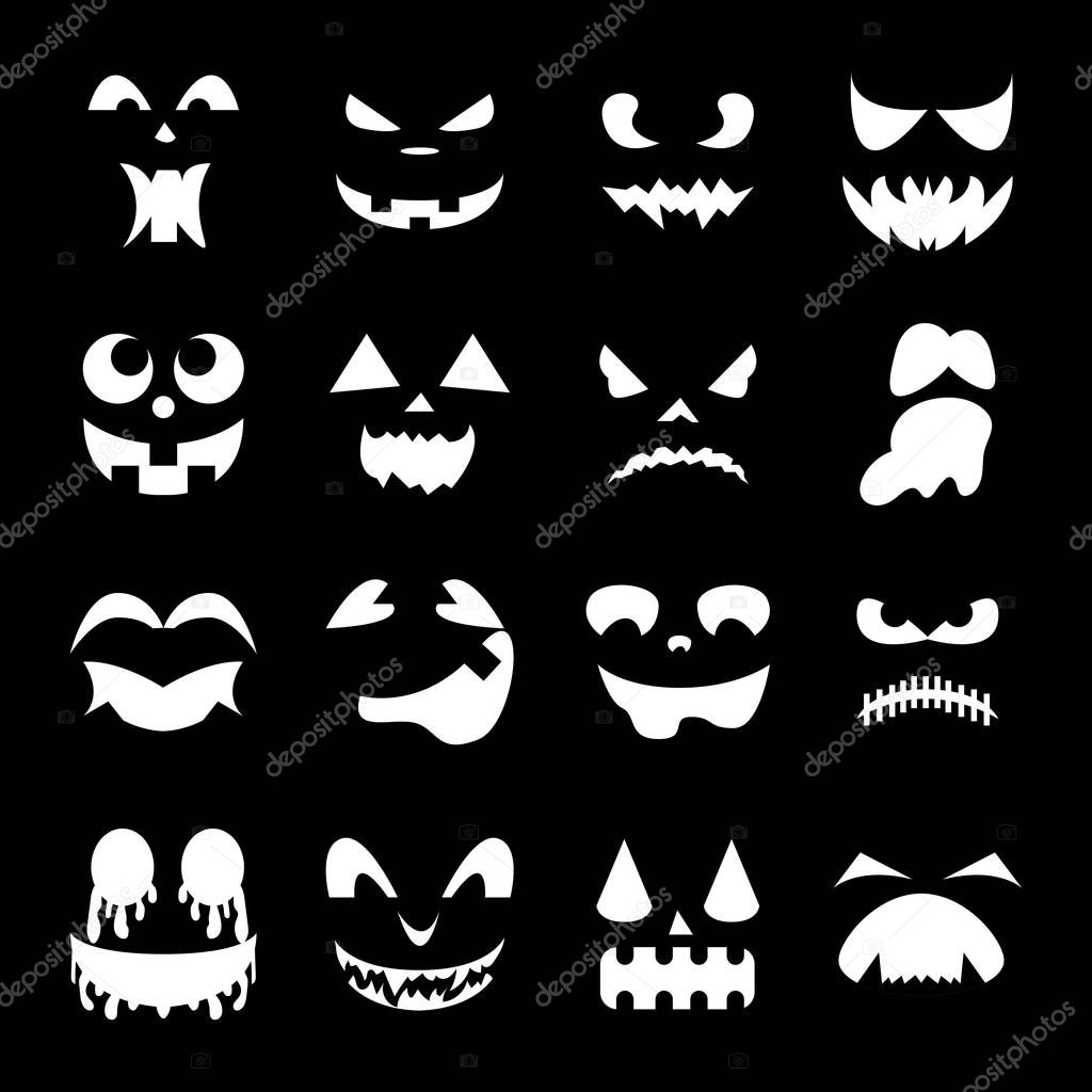 Pumpkin Faces on a black background. Vector Collection of Spooky Halloween.