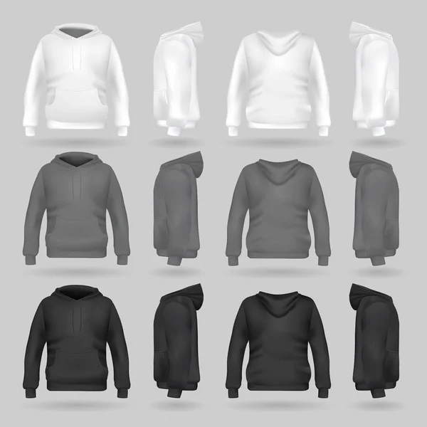 Weiße, graue und schwarze Sweatshirt-Hoodie-Vorlage in vier Dimensionen — Stockvektor