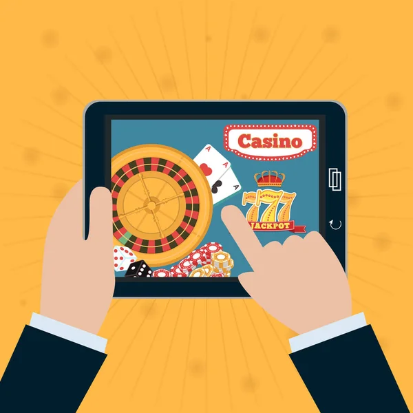 Smartphone en main avec le casino en ligne à l'écran. Concepts d'application de jeu — Image vectorielle