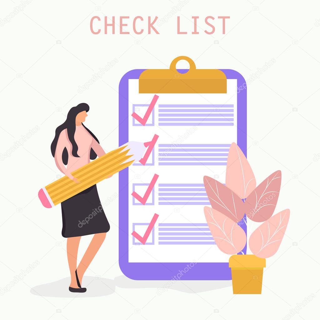 Checklist with a tick mark. woman holds a pencil and stay near giant clipboard