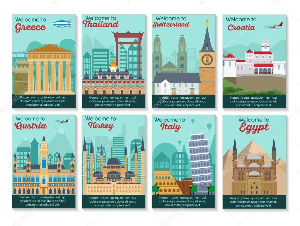 Travel destinations card. Landmarks banner in vector.