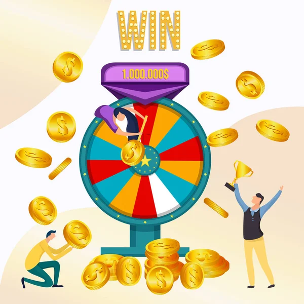 Roue de la fortune avec des pièces d'or et des gagnants . — Image vectorielle