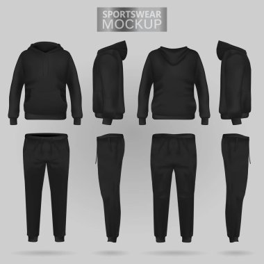 Mockup of the Black sportswear hoodie and trousers in four dimensions clipart