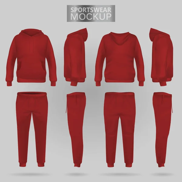 Mockup of the red sportswear hoodie and trousers in four dimensions — Stock Vector