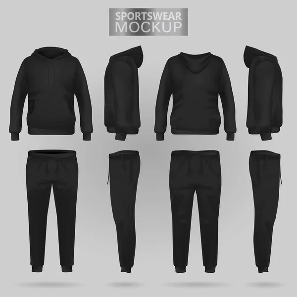 Mockup voor de zwarte sportkleding hoodie en broek in vier dimensies — Stockvector