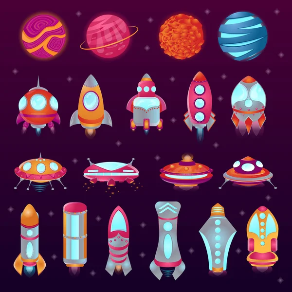 Conjunto de iconos de dibujos animados de colores del espacio. Planetas, cohetes, ovni, platillos voladores . — Vector de stock